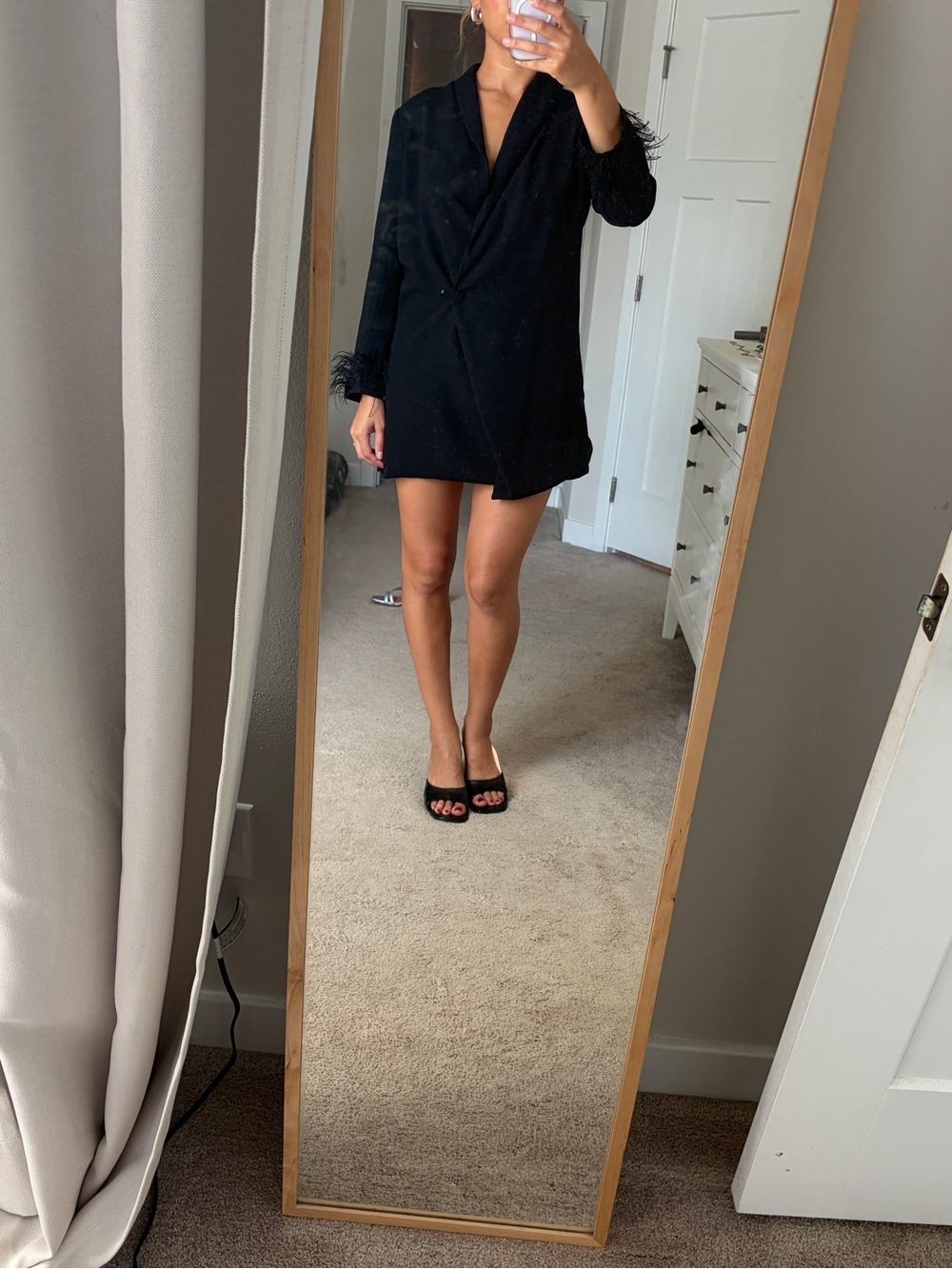 Anthropologie Black Feather-Cuff Mini Dress